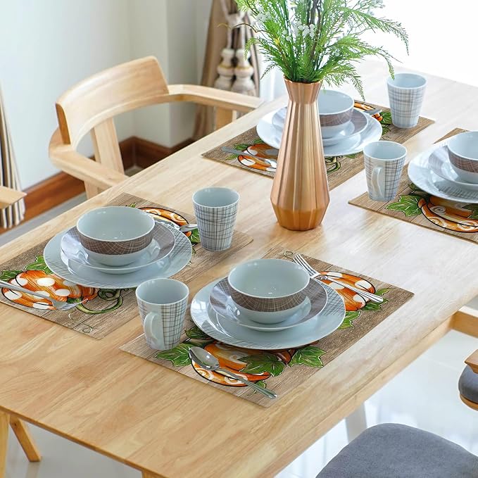Thanksgiving Placemats Set of 6 18x12 Inch Autumn Pumpkins Thankful Linen Place Mats Heat-Resistant Washable Wipeable Fall Seasons Holiday Table Mat for Party Kitchen Dining Room Dinner Table Decor