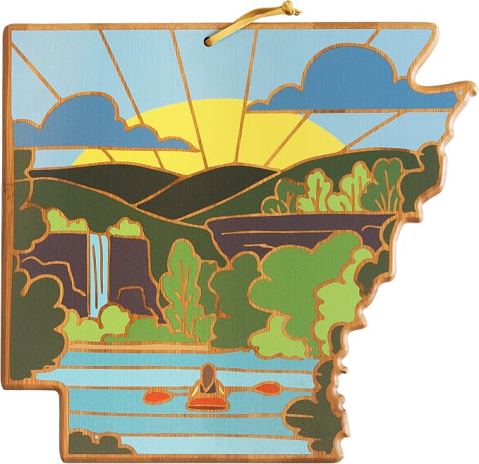 Totally Bamboo Arkansas State Shaped Cutting Board, Summer Stokes Art | State charcuterie board with colorful hand-drawn landscape art. Smooth reverse side for food prep. Hang tie for wall display.