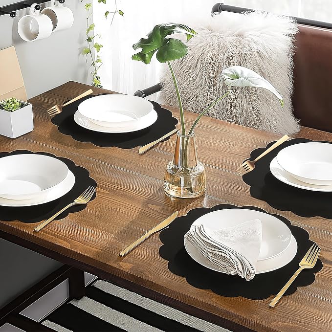 60 Pcs Black Paper Placemats, 13.5 Inch Disposable Scalloped Placemat | Round Table Place Mats Decorative Paper for Birthday Party Graduation Celebration Wedding Banquet Bridal Shower Party