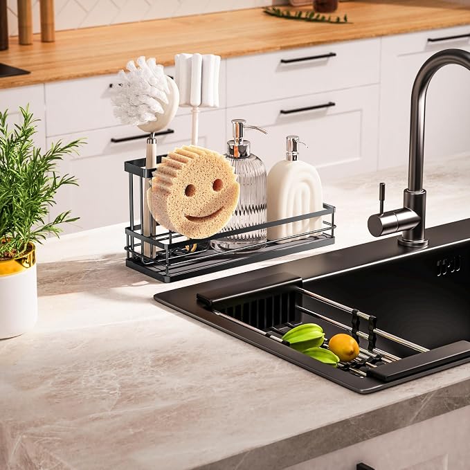 galasily Sink Caddy Organizer with Water Absorbing Stone Tray, Instant Dry Sponge Holder Smiley Face, Dish Brush Holder for Countertop, Kitchen Storage Accessories and Organization Essentials (Black)