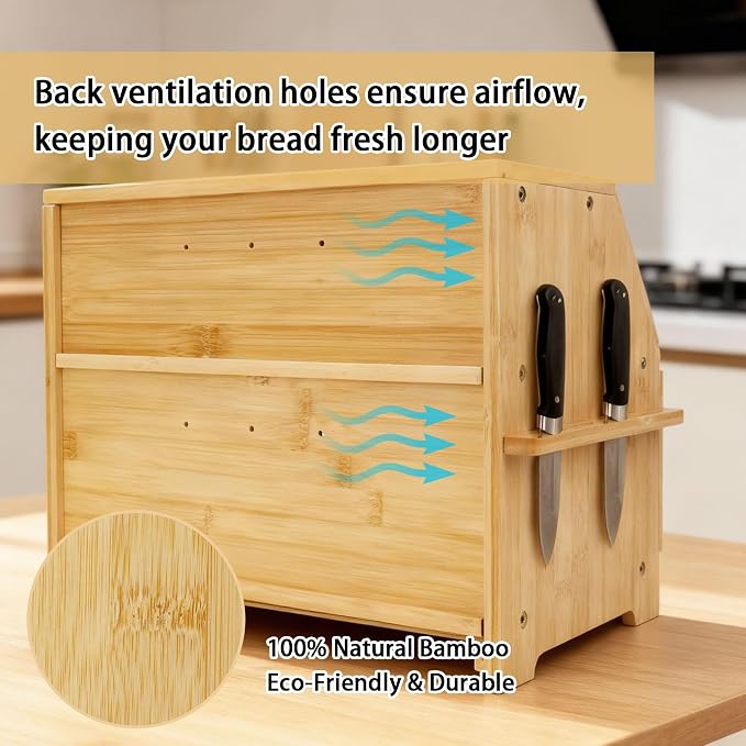 Bamboo Bread Box for Kitchen Countertop,Large Bread Storage Container with window,Modern Bread Storage Bin with Tool Holder for Homemade Bread Organizer (Double Layer)