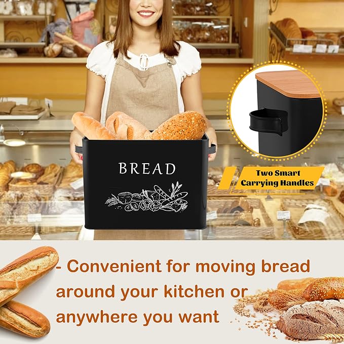 E-far Bread Box for Kitchen Countertop, Metal Bread Storage Container Bin with Bamboo Lid for Cutting Bread, Extra Large & Farmhouse Style, 13” x 7.2” x9.8”, Black