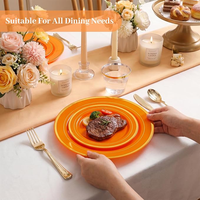 DaYammi 350PCS Orange Gold Plastic Dinnerware Set for 50 Guests, Fancy Disposable Plates for Party, Include: 50 Dinner Plates, 50 Dessert Plates, 50 Pre Rolled Napkins with Gold Silverware, 50 Cups