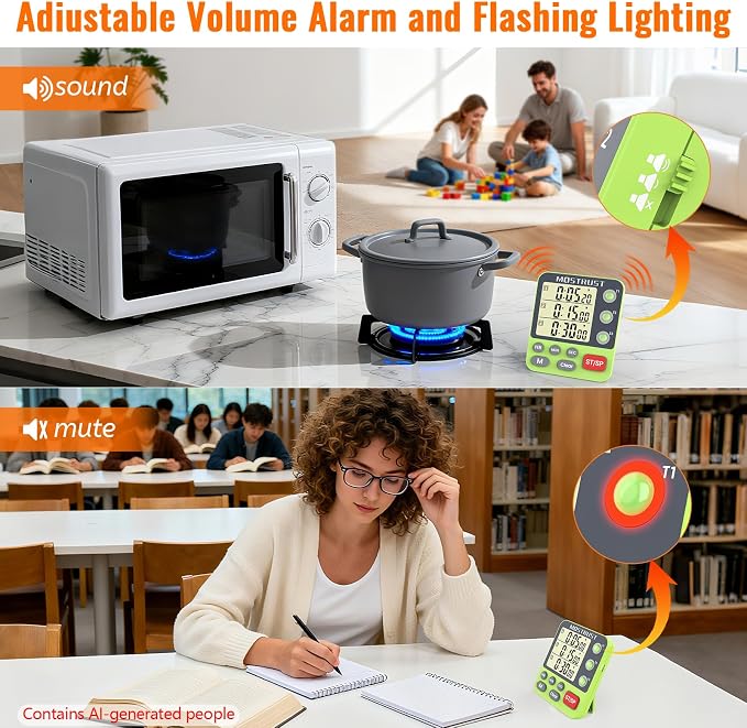 Digital Dual Kitchen Timer, Multiple Channels Countdown Timer | 3-Groups Triple Timer with Magnet-Back Memory-Preset Large Display Adjustable Volume, 3A Battery Included, Ideal for Cooking