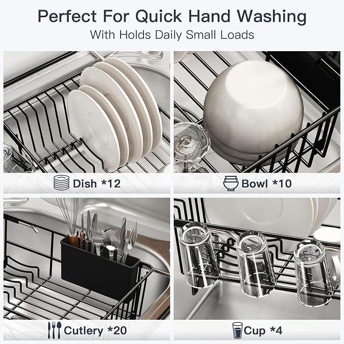 Dish Drying Rack Over The Sink with Utensil Holder | Expandable Stainless Steel Dish Drainer for Small Kitchen, Apartment, RV, Counter Space Saving, Perfect Fit, Rustproof