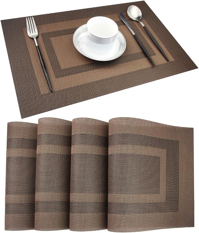 PIGCHCY Durable Plastic Placemats - Heat Resistant, Washable Woven Table Mats - Set of 4 (Coffee Brown)