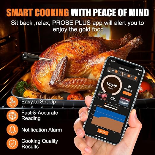 INSMART Wireless Smart Meat Thermometer,330FT Bluetooth Range,100% Waterproof,Precision Cooking Grilling,Multi Sensors,for BBQ,Oven,Grill,Kitchen,Smoker, Rotisserie Turkey Beef (Wood)