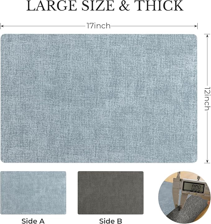 Romanstile Vinyl Placemats Set of 4, Reversible Faux Leather Heat Resistant Wipeable Table Mats, Waterproof Washable Non-Slip Table Placemats for Dining/Kitchen/Outdoor (Grey Sky Blue, 12" x 17")