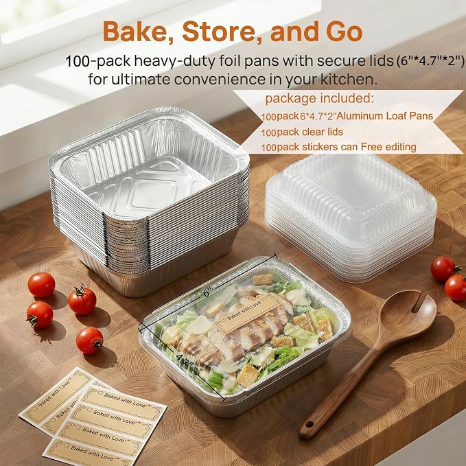 Gyreuni 100 Pack Mini Aluminum Loaf Pans with Lids Kit,6" X 4.7" X 2" | 100 Pack Disposable Aluminum Loaf Pans with Lids and Stickers,idea forBrownies Mini Cakes Meal Prep Oven/Freezer Safe