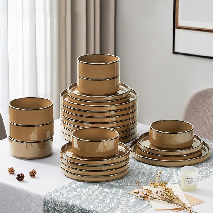 LIANYU 24 Piece Stoneware Dinnerware, Plates and Bowls Dishes Set for 8 | Modern Elegant Dinning Dishware for Dinner Salad Cereal, Dishwasher & Microwave Safe, Terracotta Bottom, Amber Gold