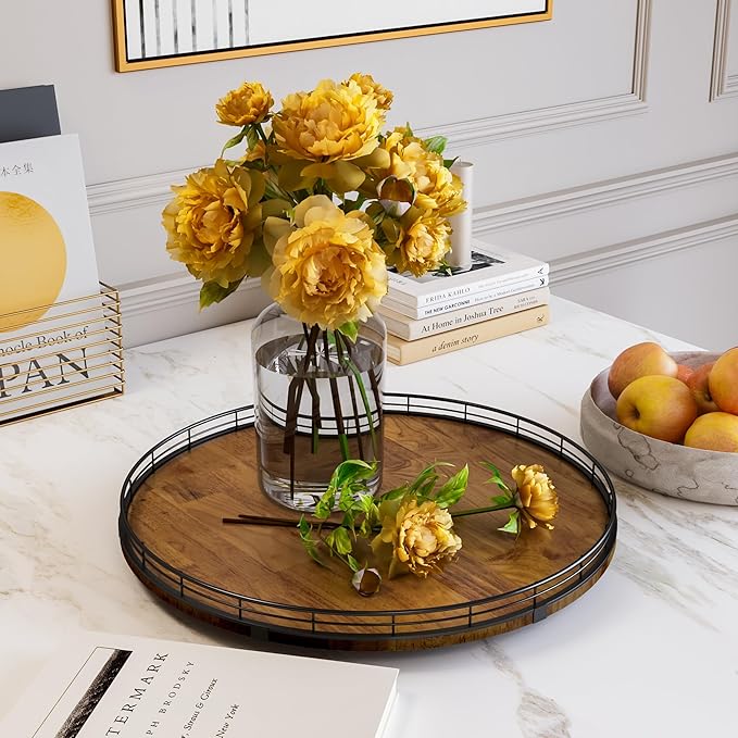 AMH 18-Inch Farmhouse Oak Lazy Susan Organizer, Walnut Finish | Smooth rotating oak tray with walnut finish for dining tables, kitchen counters, pantries and cabinet storage.