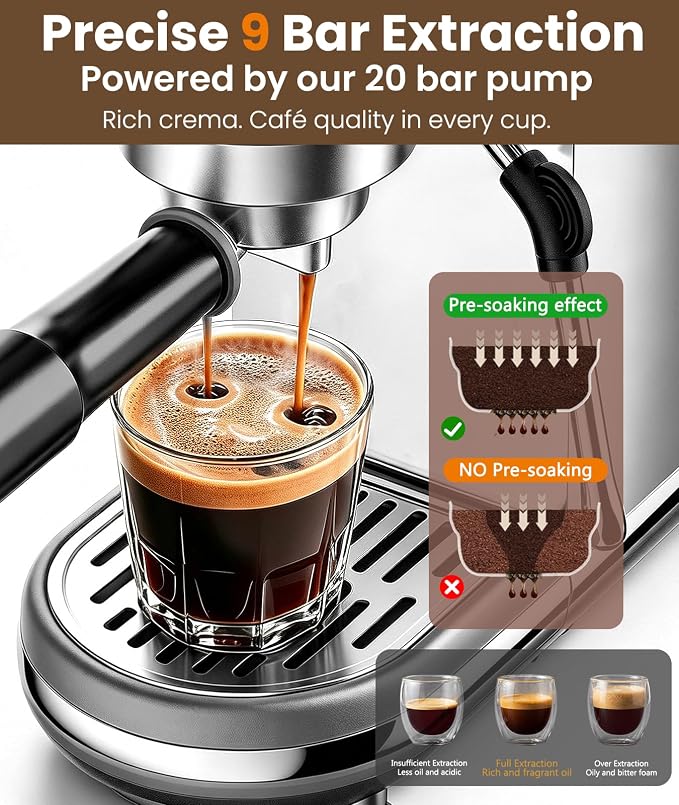 atatix Espresso Machine with Milk Frother, 20 Bar Pressure Espresso Maker | with 44OZ Removable Tank, Compact Stainless Steel Coffee Machine for Home, Office, Latte, Cappuccino, Macchiato, Silver