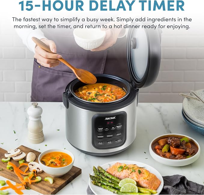 AROMA Digital Rice Cooker, 4-Cup (Uncooked) / 8-Cup (Cooked), 2 Qt, Steamer, Multicooker, Slow Cooker, Oatmeal Cooker, Auto Keep Warm, Stainless Steel Exterior