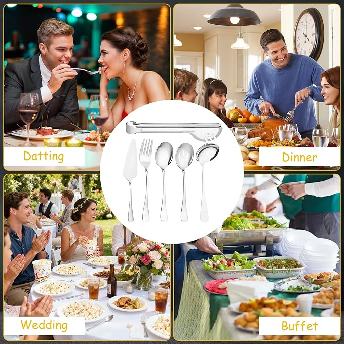 30 Pcs Silver Serving Utensils Set Include Stainless Steel Large Serving Spoons Slotted Spoons Forks Soup Ladle Pie Server - Metal Utensils for Parties Buffet Catering, Dishwasher Safe