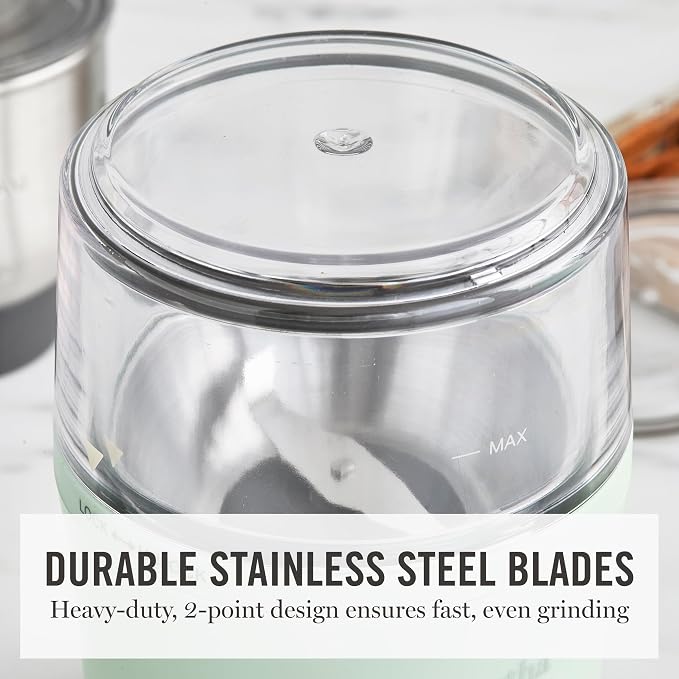 Martha Stewart Electric Coffee & Spice Grinder with Dual Bowls, Honeydew | Dual 2.5oz Removable Bowls for Coffee Beans, Nuts, Herbs & Spices, Stainless Steel Blade, One-Touch Pulse Control, Easy Clean