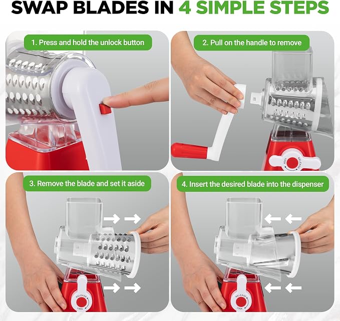 Nutrichef 3 in 1 Cheese Grater & Shredder | Strong Suction Base, Rotary Handle with Safety Lock | Includes Hand Crank & 3 Drum Blades for 3 Textures, Fine, Medium & Strips | Red
