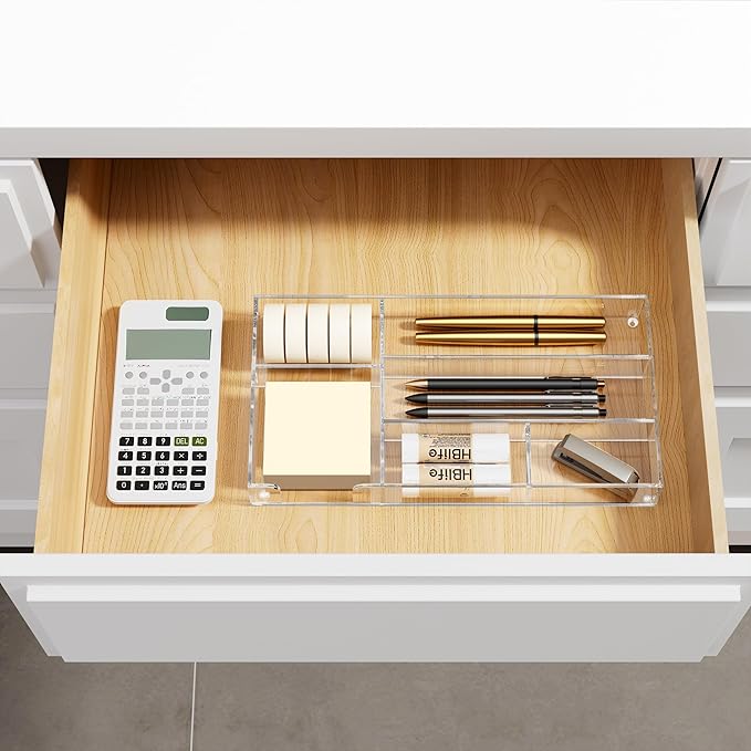 HBlife Acrylic Desk Drawer Organizer Tray with 6 Compartments, Small Clear Office Drawer Organizers and Accessories for Pens, Pencil, Makeup, Desktop, Bathroom and Kitchen, 11.65 x 6.1 x 1.38 Inch