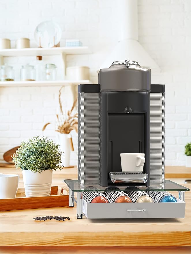 Deco Brothers Tempered Glass Vertuo Pod Holder, Fits 28 Large/56 Small Pods | Compatible with Nespresso Capsule, White