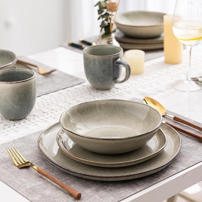AmorArc Ceramic Dinnerware Sets for 4, 12Pcs Plates and Bowls Sets Dishes | Stoneware Handmade Reactive Glaze Dinner Set, Highly Scratch Resistant | Dishwasher & Microwave Safe Dishware