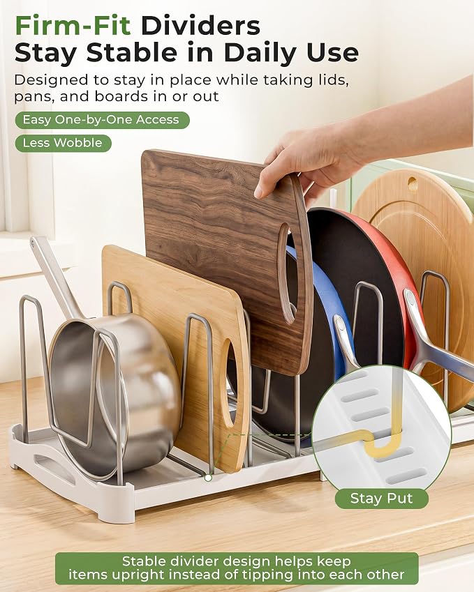 EVERIE Adjustable Cabinet Organizer for Pot Lids, Bakeware, Cookie Sheets & Cutting Boards, Upright Storage Rack for Kitchen Cabinet, Stable Dividers, 9.7" Deep, 12.6" to 21.5" Wide, GS02SS | 5mm Steel Dividers, Anti-Wobble, M-Slot for Lid Handles, BPA...