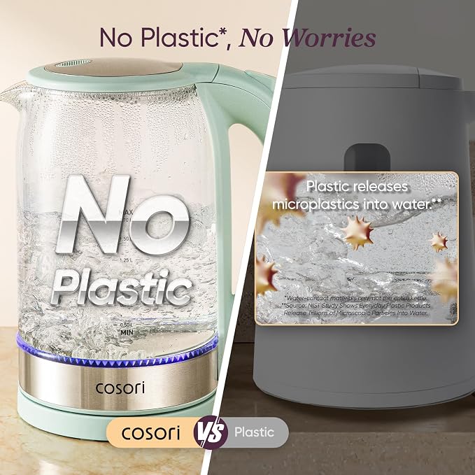 Cosori Electric Kettle, No Plastic Contact with Water, 1.7L, Green | Wide Opening, Easy to Clean, Auto Shut-Off, Boil-Dry Protection, Tea Kettle, Hot Water Boiler, Borosilicate Glass, 1500W