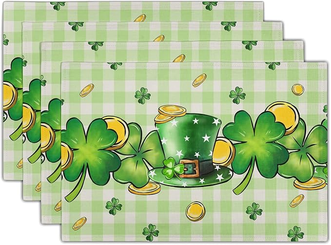 St. Patrick's Day Clover Top Hat Placemat Set of 4,Lucky Shamrock Gold Coin Dining Place Mat Table Decor 12x18 Inch Buffalo Plaid Seasonal Spring Table Mats for Home Party Kitchen Decoration