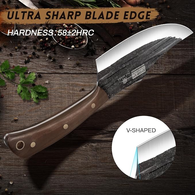 HOSHANHO Butcher Knife Set, Sharp Kitchen Knife Set & Roll Bag Gift for Men | Hand Forged 8PCS Butcher Chef Knife Set with Meat Cleaver Knife & Bone Chopper Knives & Fillet Knives for Home, Camping, BBQ