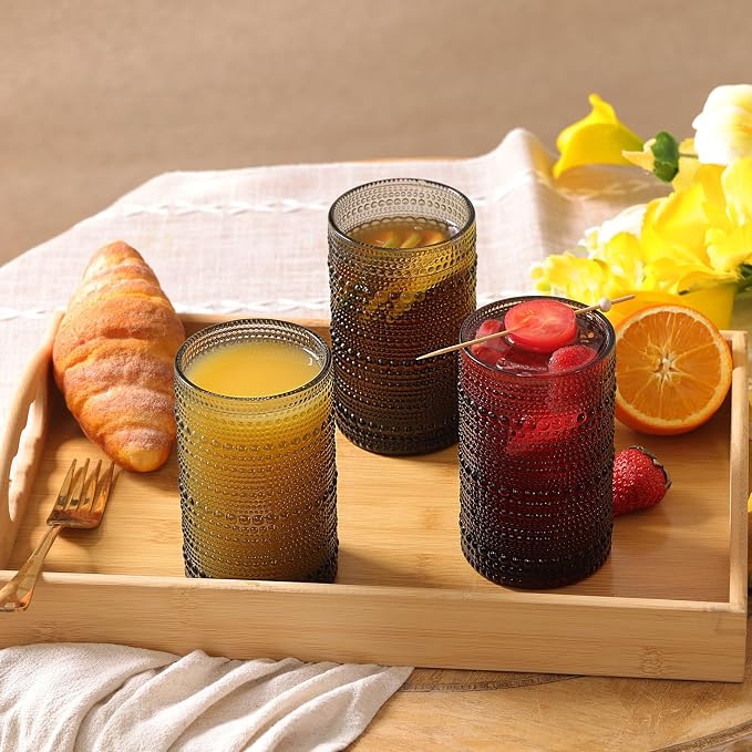 Moretoes 12 Pack 15 Oz Gray Large Hobnail Drinking Glasses Set | Vintage Glassware,Embossed Glass Cups,Water Tumbler,Highball Glasses For Beer, Juice And Various Mixed Drinks