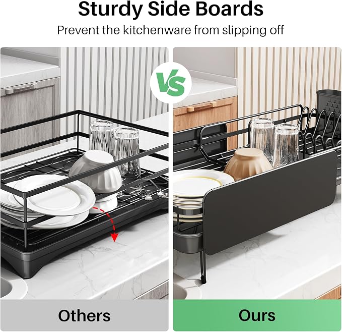 SNTD Large Dish Drying Rack for Kitchen Counter, Expandable, Black | Stainless Steel Dish Drainer, Adjustable Length 18.9''-29.3'', Automatic Drainage, 360° Spout, Cutlery Holder with Knife Slot