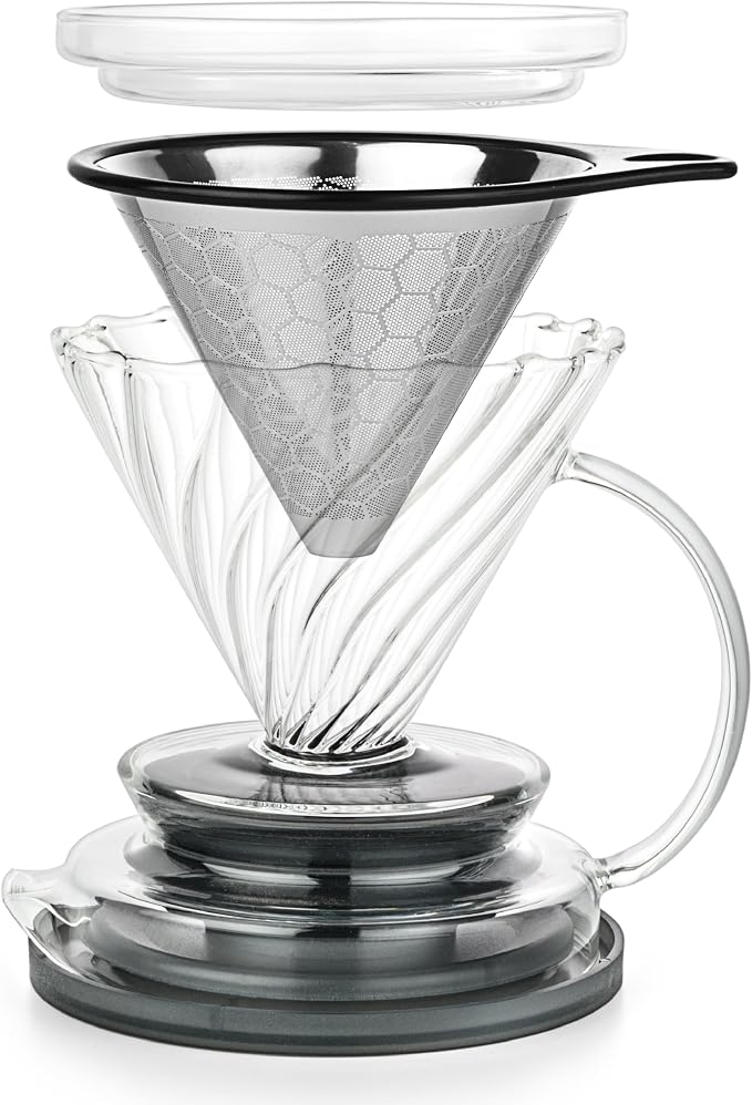 Innovation Infuser for Daily Brewing – Borosilicate Glass Dripper with Stainless Steel Reusable Filter, Manual Eco Brewer, Plastic-Free Non-Toxic Coffee Station, Pour Over Tea Coffee Maker