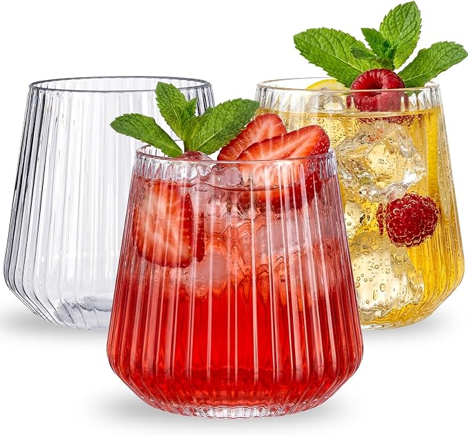 Ciaell 30 Pack Plastic Wine Glasses for Weddings Outdoor Gatherings | 12 oz Ribbed Origami Stemless Wine Cups, Heavy Duty Plastic, Champagne Wine Cocktails Whiskey for Parties Bars Birthdays