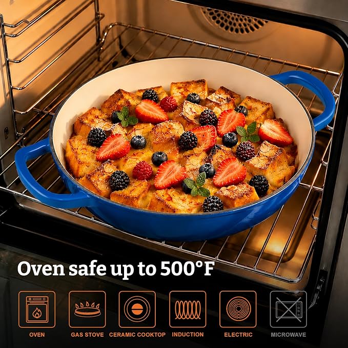 Cast Iron Dutch Oven–3 Layers Enameled Shallow Braiser & Casserole Pot with Lid, Even-Heating, Stovetop & Oven Safe to 500°F, 3.8 Quart for Family & Parties Meals(Blue)