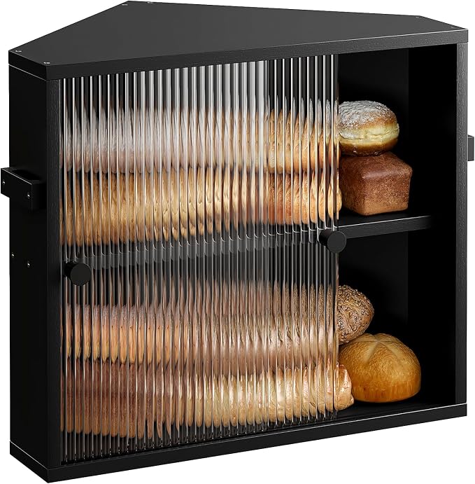 Corner Bread Box with Sliding Acrylic Doors, Double Layer Bread Bin | Bread Box for Kitchen Countertop, Bamboo Bread Storage Container, Large Capacity Vintage Farmhouse, Black, Meduim
