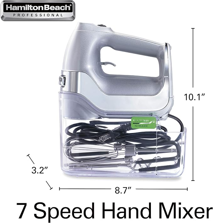 Hamilton Beach Professional 7-Speed Digital Electric Hand Mixer | High-Performance DC Motor | Slow Start | Snap-On Storage Case | SoftScrape Beaters, Whisk, Dough Hooks | Silver & Chrome