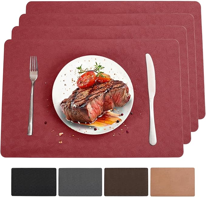 Red Vinyl Placemats Set of 4 Waterproof Wipeable Table Mats | Heat Resistant Easy Clean Place Mats Faux Leather Table Mats Washable PVC Table Placemats for Dining Table