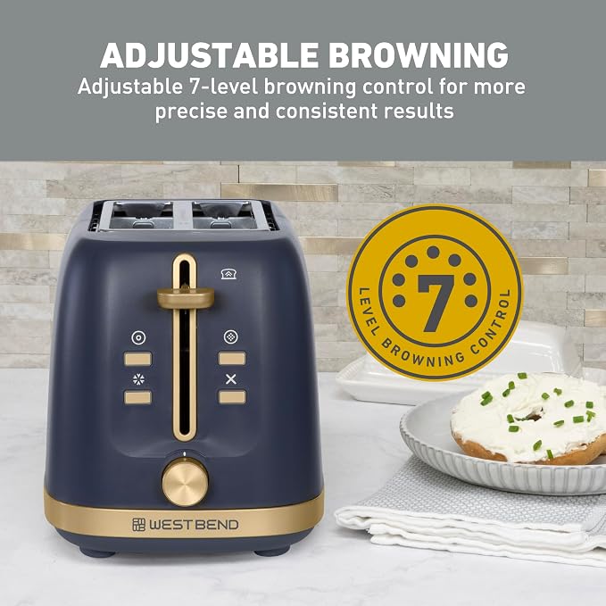 West Bend Timeless 2-Slice Toaster with 7 Browning Levels, Bagel/Waffle/Defrost Settings, High-Lift Lever, Anti-Jam, Easy-Clean Crumb Tray, 2-Slice, Blue/Gold