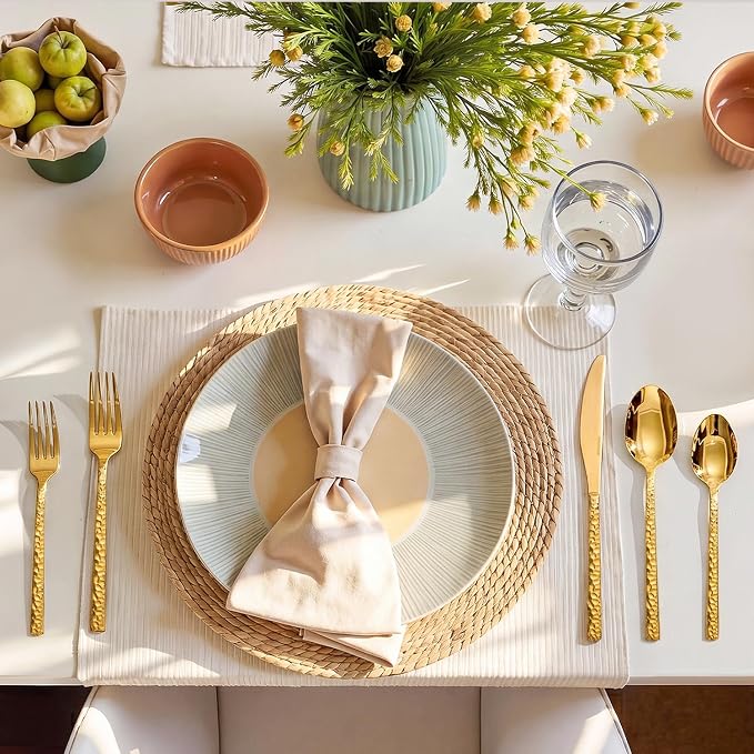 20 Piece Gold Silverware Set, 18/10 Stainless Steel Hammered Flatware for 4 | KINGSTONE Flatware set Includes Fork Spoon Knives, Cutlery Utensil Set for Party,Wedding, Mirror Polished Dishwasher Safe