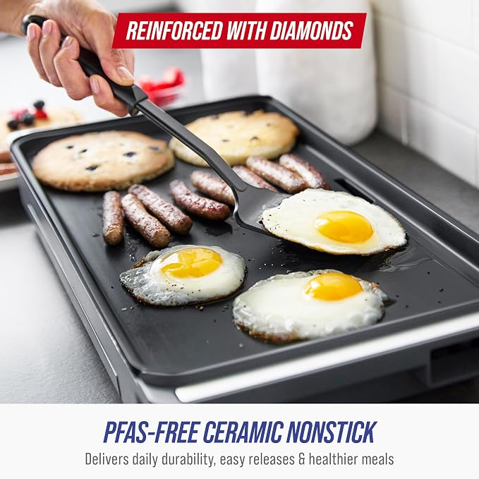 Blue Diamond 20" XL Electric Griddle, Graphite | PFAS-Free Ceramic Nonstick, Flat Top Grill/Griddle, Removable Drip Tray, Warming Drawer, Easy-Clean Design, Pancakes, Burgers