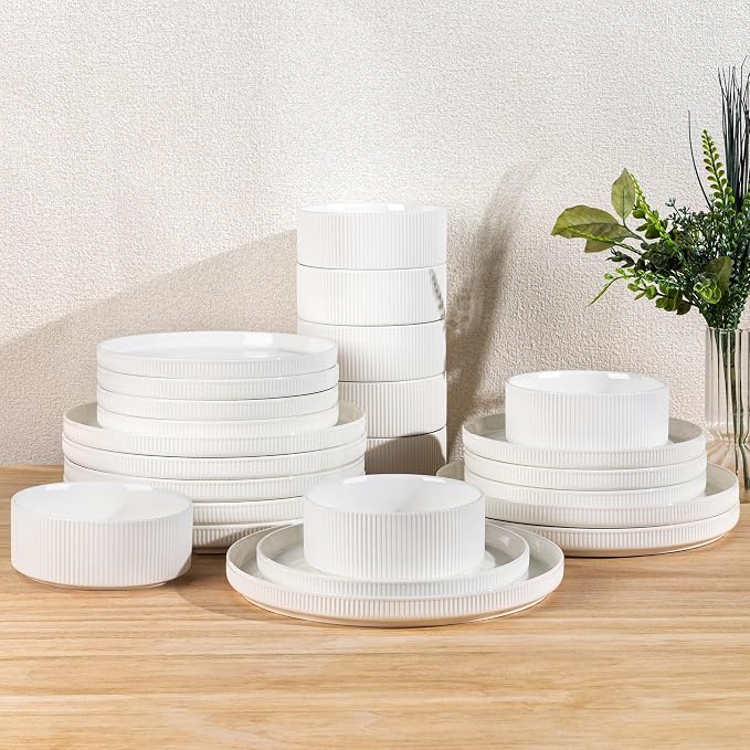 Ceramic Dinnerware Set for 8, 24-Piece Plates and Bowls Set | Lightweight Porcelain Dish Set, Scratch Resistant, Oven & Microwave & Dishwasher Safe, Bright White