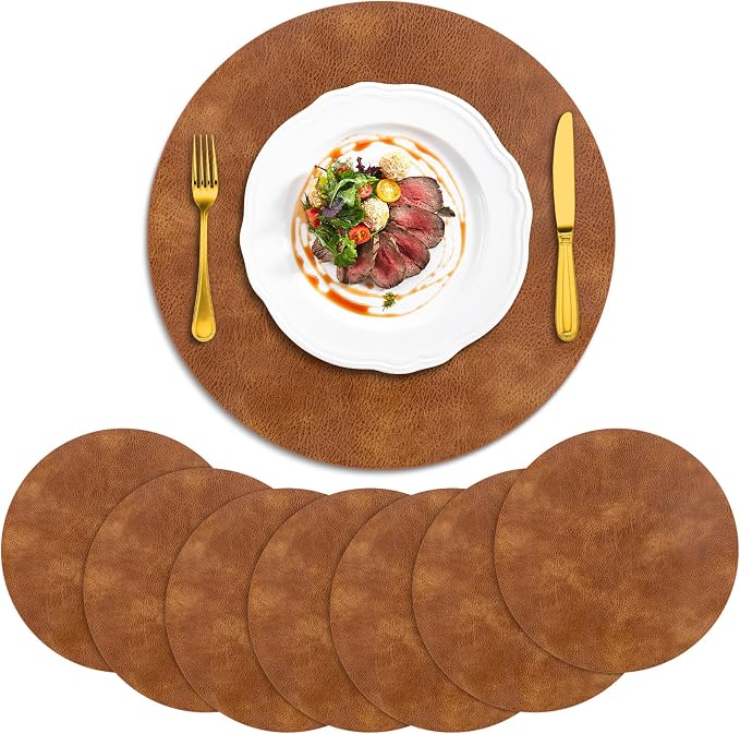 ADRIMER Placemats, Heat Resistant Round Placemats Set of 8 Washable, Waterproof Table Mats, Wipeable Faux Leather Place Mats for Kitchen, Dining Room, Turmeric Brown