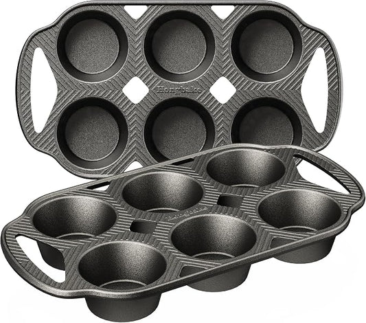 Everline Collection Cast Iron Muffin Pans, Non toxic Uncoated 6-Cup Muffin Tins, Non-Stick Pre-Seasoned Cupcake Tray Pan Set for Baking, Oven & Stovetop Safe, Standard Size, 2 Pack