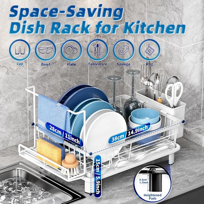 Dish Drying Rack, Stainless Steel-Dish Rack, (white 2 with Sponge Rack) | Dish Racks for Kitchen Counter, Kitchen Dish Drainers with Removable Utensil Holder,New drain outlet,