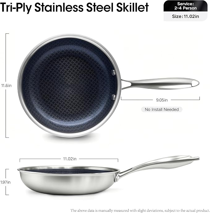 BRASA Nonstick Frying Pan 11.02-inch,Tri-Ply Stainless Steel Skillet,Honeycomb Ceramic Coating, Induction & All Cooktop Compatible,Dishwasher safe (PFOS, PFOA Free) 11.02 in