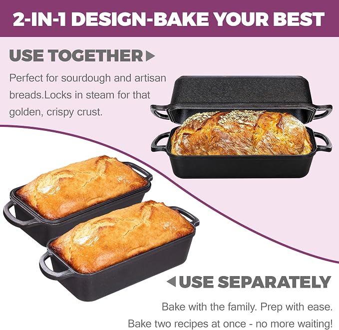11x5 Inch Cast Iron Loaf Pan with Lid, Sourdough Pan | Large Dutch Oven Bread Loaf Pan for Sourdough, Homemade Bread Baking, Even Heat Distribution, 5.8Qt