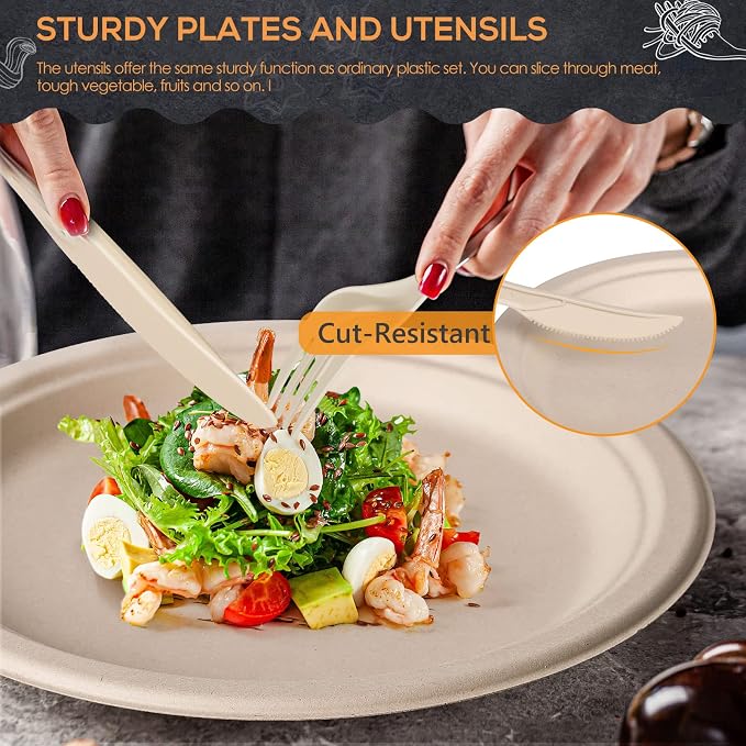 250Pcs Disposable Paper Plates Compostable Plates and Utensils | Eco Friendly Dinnerware Kit Includes 50 Biodegradable Plates, Forks, Knives and Spoons for Brithday Party Camping Picnic