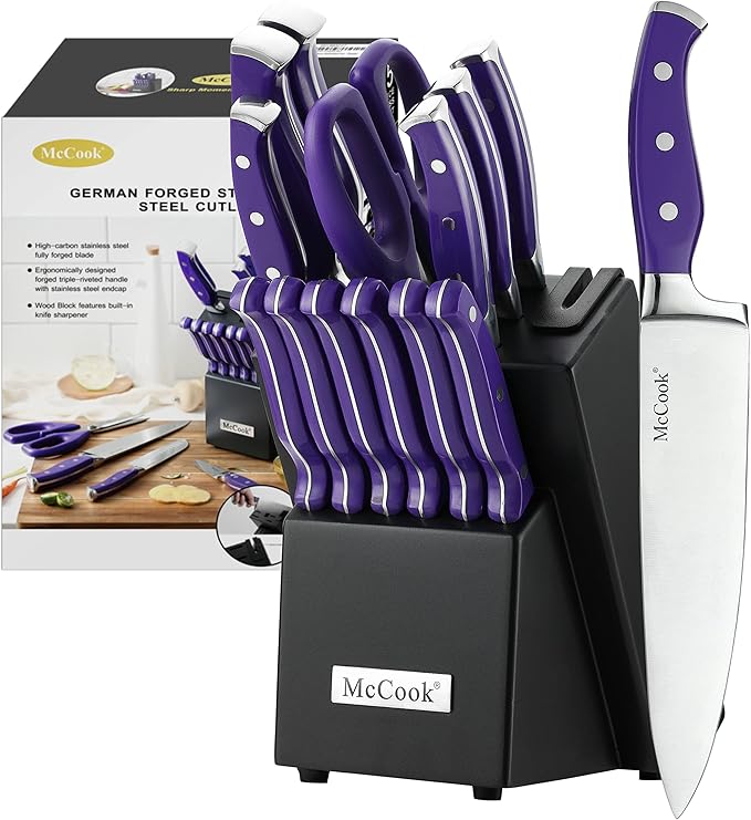 McCook MC27 14 Pieces Stainless Steel kitchen knife set with Wooden Block, Kitchen Scissors and Built-in Sharpener, Purple | German Forged Stainless Steel,15 PC,Razor Sharp, Anti-Rust, Ergonomic Handle,Full Tang,Vibrant Purple,Gift Box
