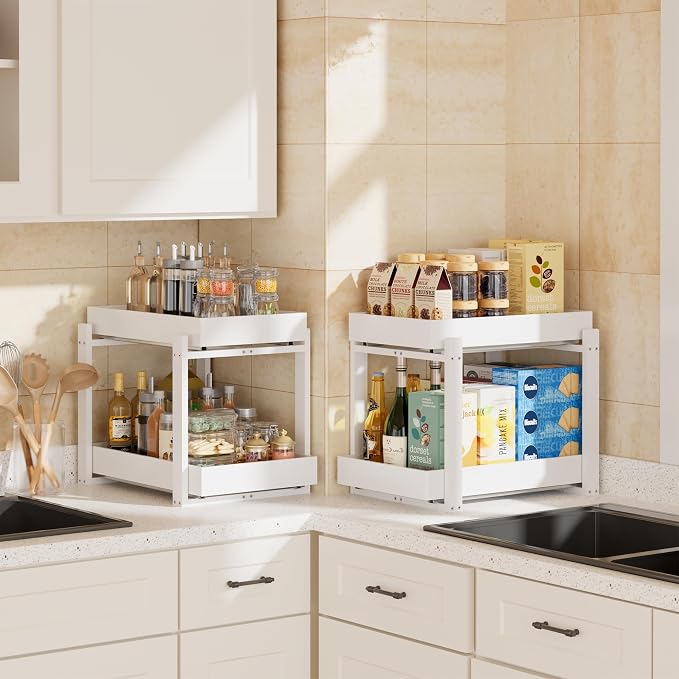 APRTAT 2 Pack Bamboo Under Sink Organizer, 2-Tier Pull Out Storage Drawers | Smooth pull-out drawers keep cleaners and tall bottles visible, organized and easy to reach in kitchen or bathroom cabinets