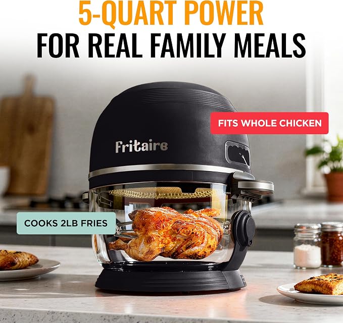 Non Toxic Air Fryer™ Pro | 9-in-1 Glass Air Fryer | Self-Cleaning | 5 Quart | Rotisserie and Tumbler | 400F Vortex For Even Cooking, BPA-Free Teflon Free, Recrisp, Roast, Bake, Black