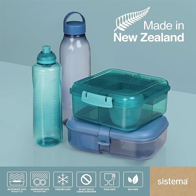 Sistema Ocean-Bound Plastic 1.25L Bento Box, Airtight & Stackable, School Lunch Box with 150mL Snack Pot, Freezer, Microwave, & Dishwasher-Safe, BPA-Free, Made with Recycled Plastic, Assorted Colors