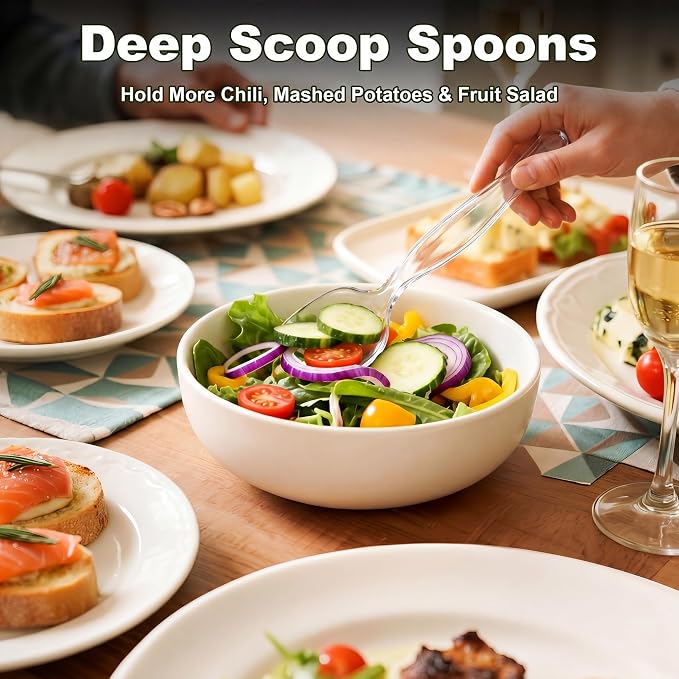 36Pcs Disposable Plastic Serving Utensils Set, 12 Clear Spoons, 12 Forks, 12 Tongs, 9-Inch for Party Buffet Catering Events, Heavy Duty and Ergonomic Design